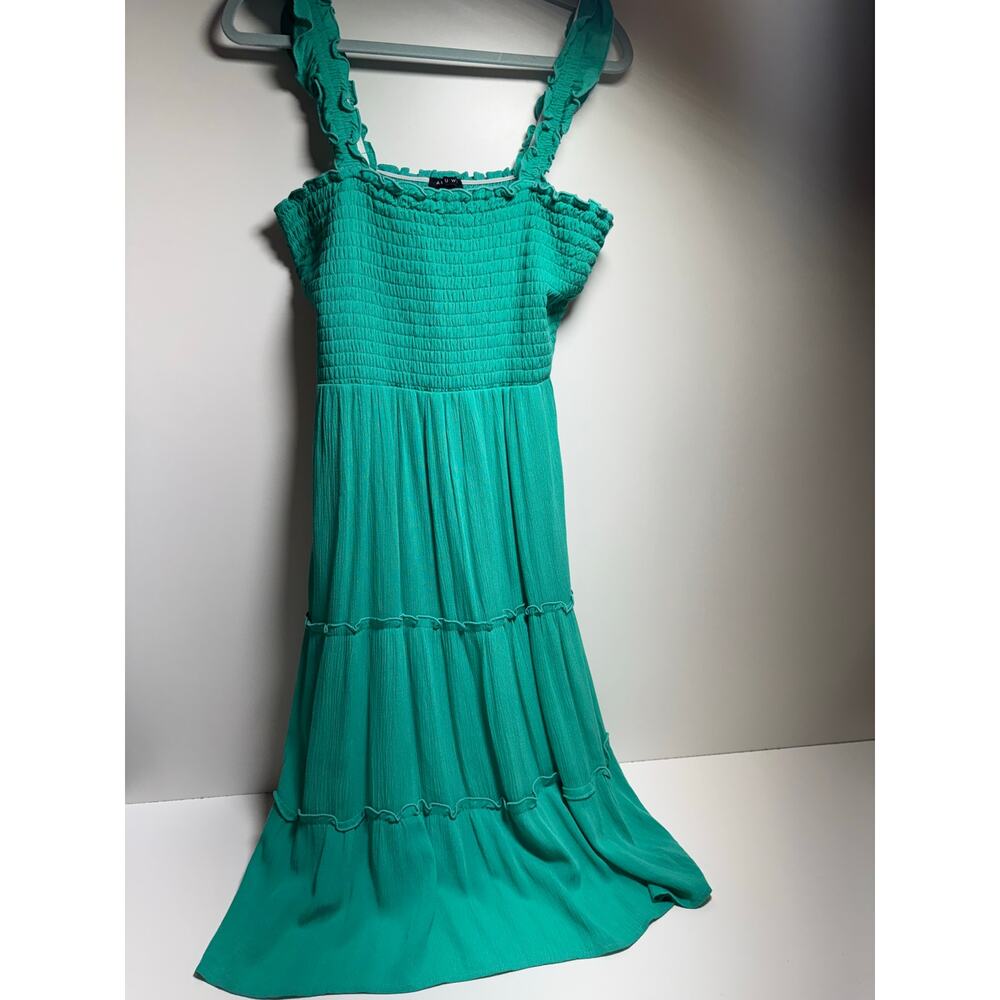Y2K 90’s Women’s Dress Shamrock Green Sleeveless Tiered Ruched Top Sz L Lined - Picture 7 of 8